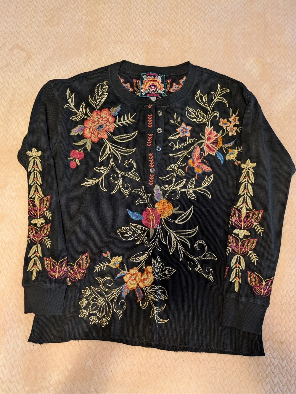 Johnny Was Black Thermal Henley With Floral Embroidery XS
